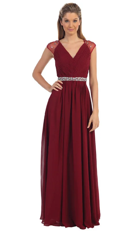 Formal Dress for Vintage Car ShowsDancing Queen - 9182SC Jewel Accent V-Neck Pleated Gown