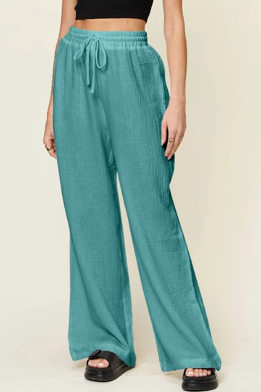 women's ankle-length pantsWide Leg Drawstring Pants In Cerulean