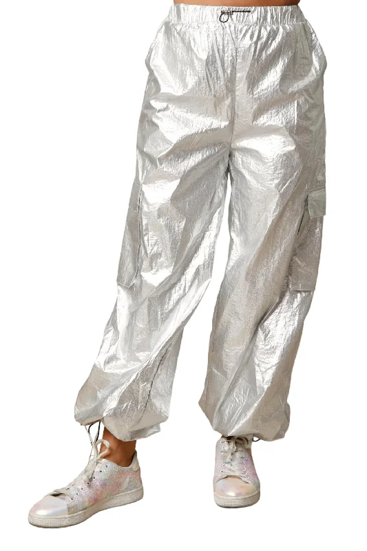 women's mini pantsShiny Foil Parachute Pants In Silver