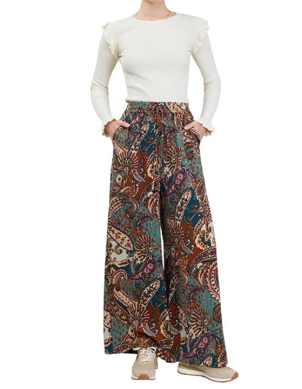 women's formal pantsHigh Elasticized Waist Pants In Brown Multi