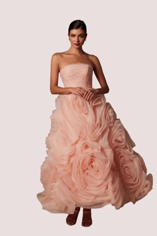 Formal Dress for Sailing RegattasNox Anabel JQ1037 Size 8 Peach Tea Length A Line Ruffle Formal Dress Strapless Corset Organza Floral