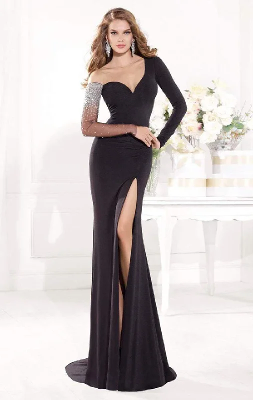 Formal Dress for Indoor WeddingsTarik Ediz - mte92373 Illusion Asymmetrical Long Sleeve Gown