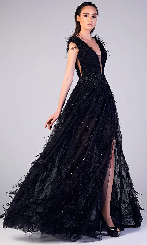 Formal Dress for Beach WeddingsGatti Nolli Couture - OP-5170 Feathered Deep V-Neck High Slit Gown