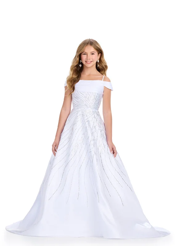 Formal Dress for Tennis TournamentsAshley Lauren Kids 8317 Size 8 White Girls Long Satin Pageant Dress Crystal off the shoulder Gown Teen