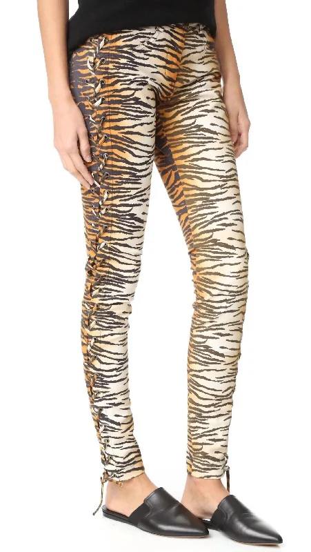 women's bell-bottom pantsAnimal Print Tiger Side Lace Up Dent Pants In Multicolor