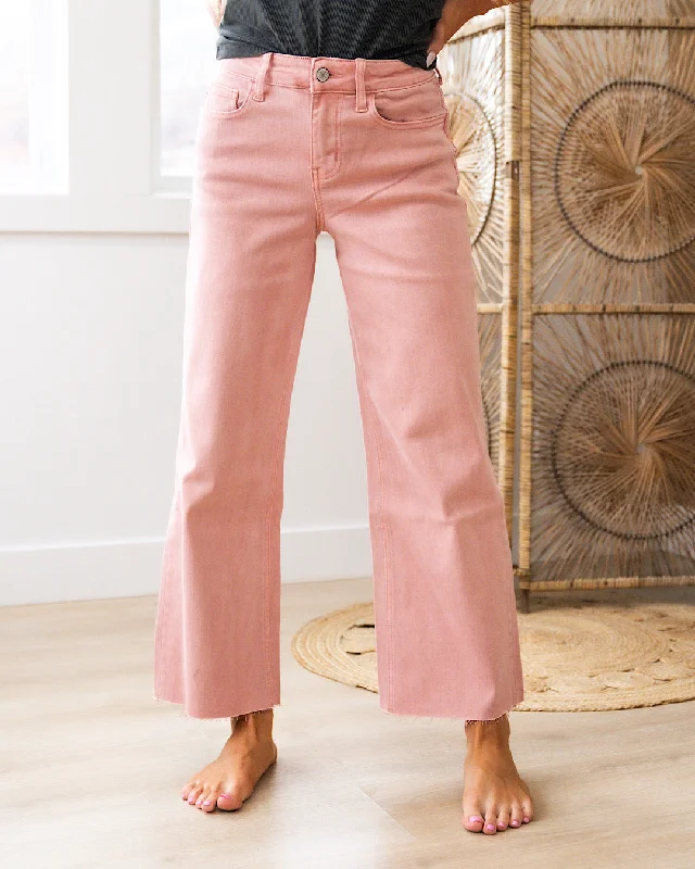 women's denim jeans with zipper-fly closureVervet Skye Wide Leg Non Distressed Crop Jeans - Silver Pink