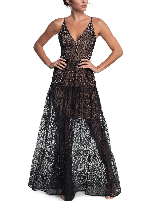 plus-size friendly party dressesMelina Womens Lace Sheer Evening Dress