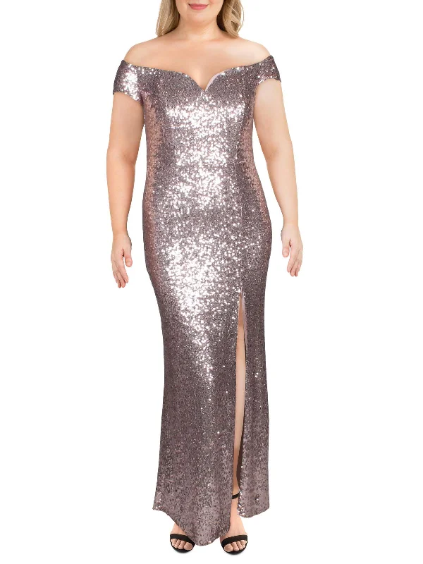 sequined party dressesPlus Womens Sequined Off-The-Shoulder Evening Dress