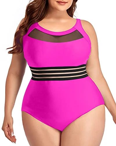 Elegant Vintage High Neck Plus Size One Piece Bathing Suits-Neon Pink