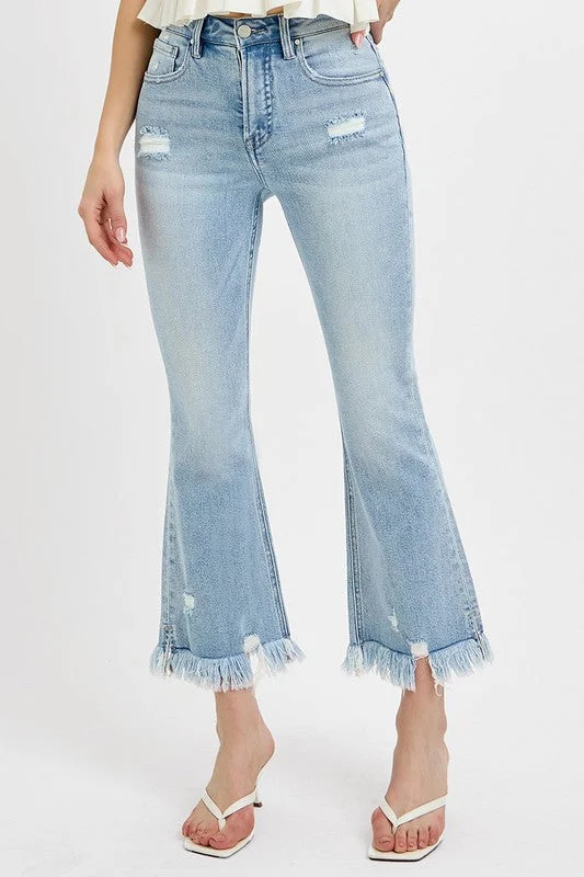 women's denim jeans with raw hemsRISEN Full Size Raw Hem Distressed Cropped Flare Jeans Plus Size