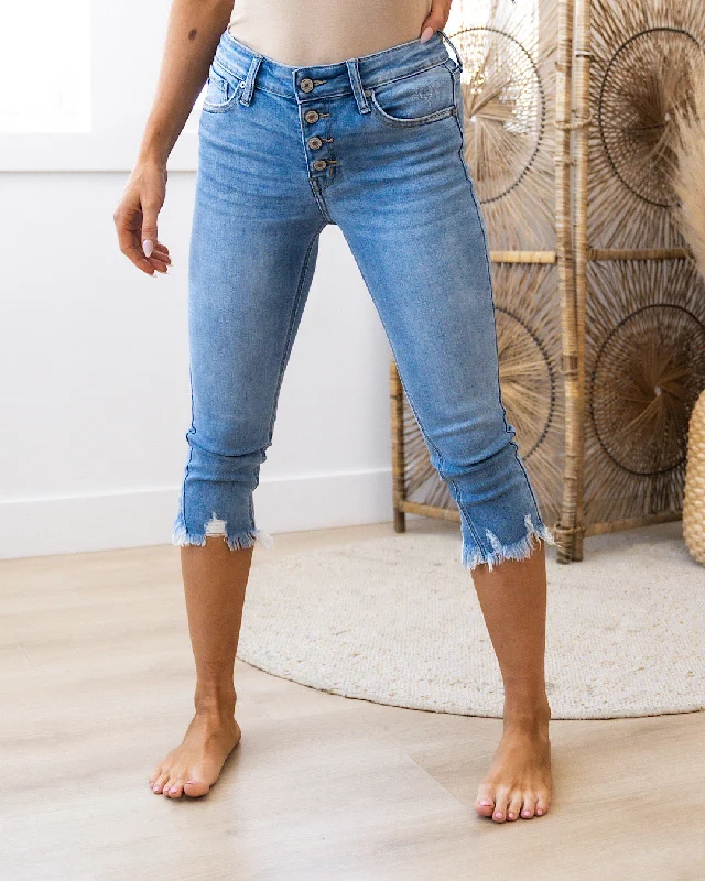 women's denim jeans for a day at the beachKanCan One on One Button Up Capris FINAL SALE