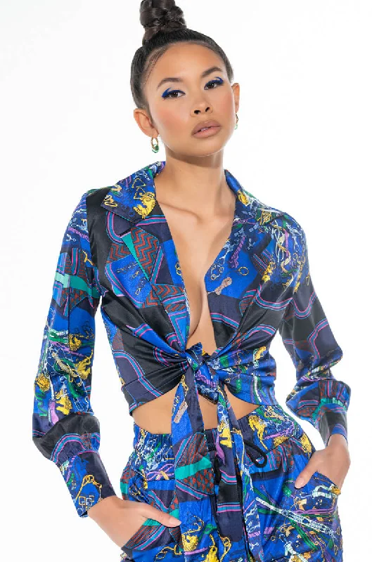 NAIMA SATIN PRINT TIE FRONT BLOUSE