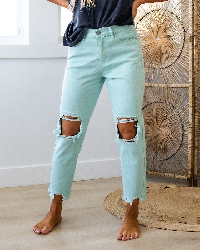 women's stretch denim jeansKanCan Amelia Distressed Mom Jeans - Seafoam