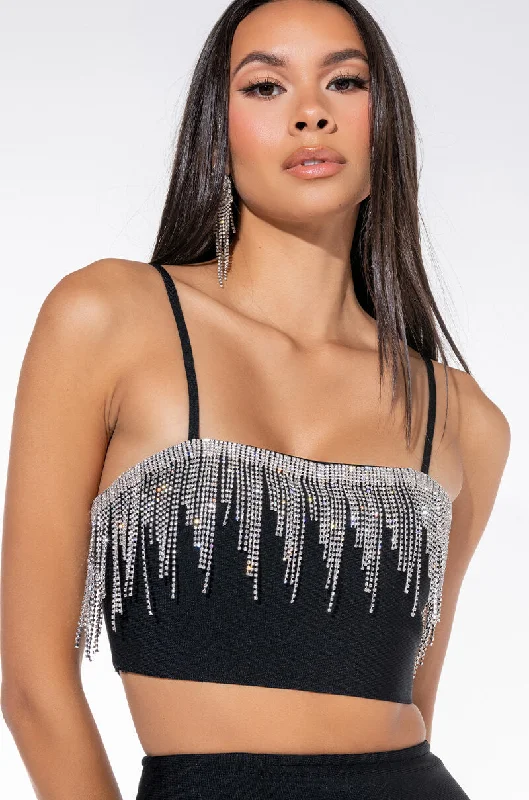 THANK ME LATER BLOUSE WITH RHINESTONE FRINGE BLACK