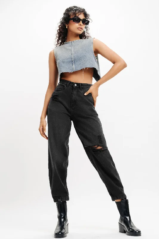 women's denim jeans with buttonsCharcoal Ripped Baggy Jeans