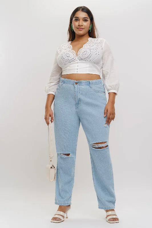 women's denim jeans with geometric patternsLight Elasticated Distress Mom Jeans