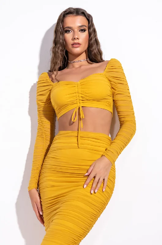 DRAMA FREE CINCHED MESH BLOUSE MUSTARD