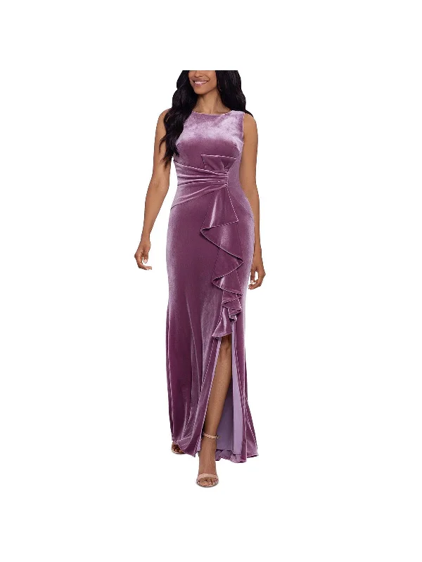 lightweight party dressesPetites Womens Velvet Ruffled Evening Dress