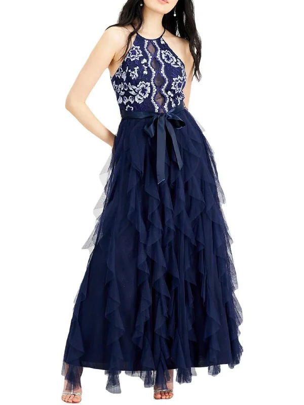 budget-friendly party dressesJuniors Womens Emrbroidered Tiered Evening Dress