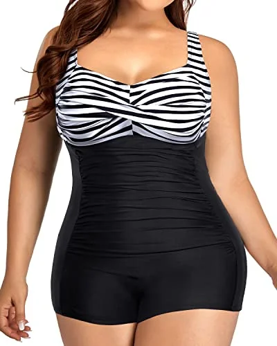 Flattering Plus Size One Piece Swimsuits Front Twist Tummy Control-Black And White Stripe