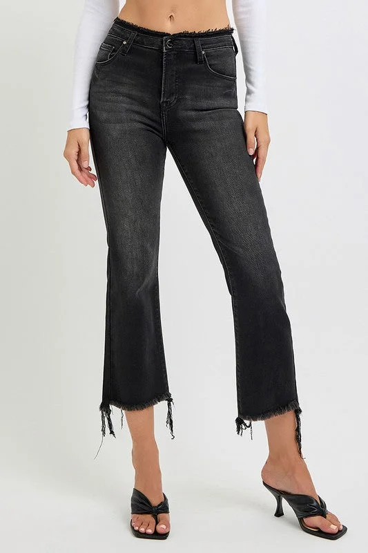 women's denim jeans with embroidery on pocketsRISEN Full Size Raw Hem Cropped Flare Jeans Plus Size