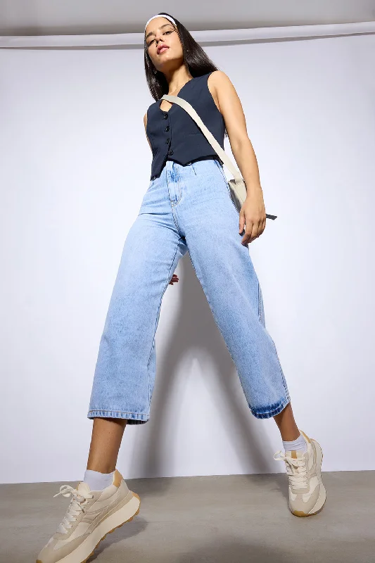 women's denim jeans with embroideryNo Cap Light Blue Wide Leg Jeans