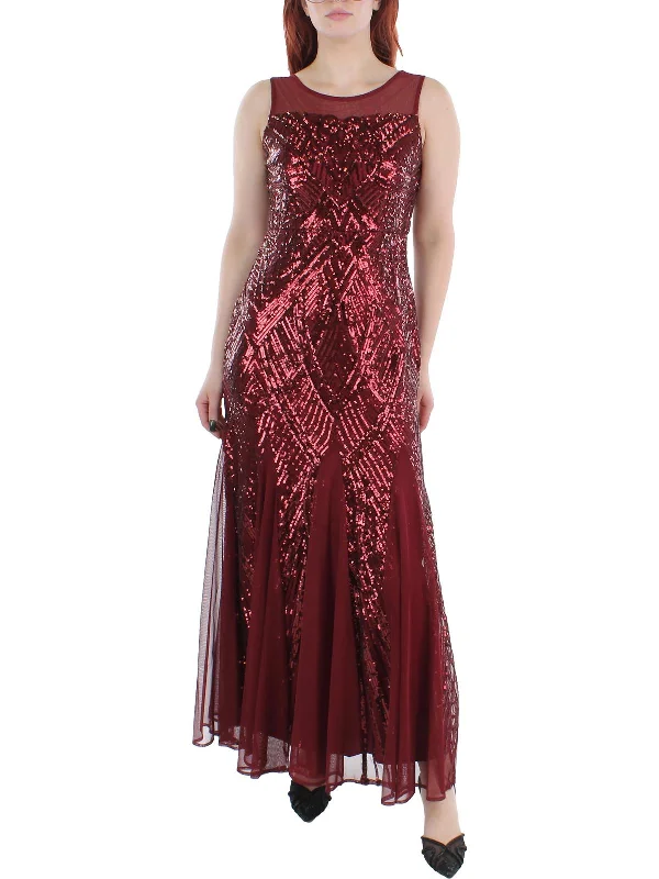 illusion-sleeve party dressesPetites Womens Sequin Sleeveless Evening Dress