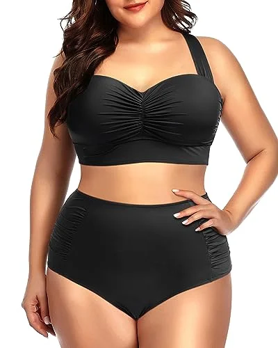 Plus Size Shirred Bandeau Bikini Top & High Waist Two Piece Set