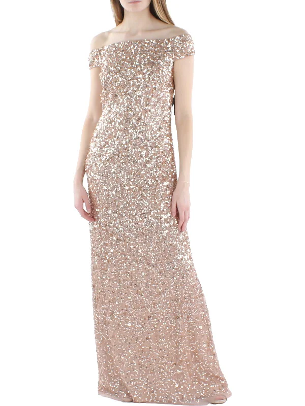 chic party dressesWomens Sequined Off-The-Shoulder Evening Dress