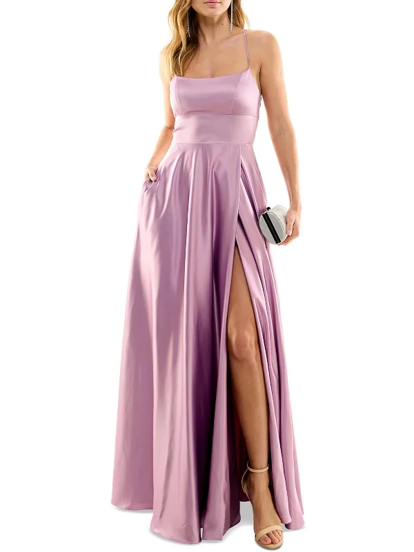 polyester party dressesJuniors Womens Satin Split Hem Evening Dress