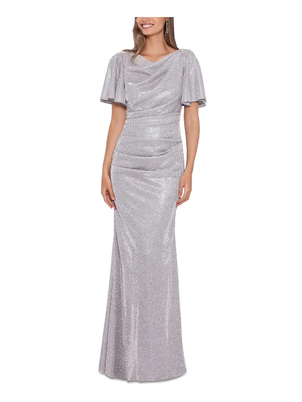 asymmetrical party dressesPetites Womens Metallic Ruched Evening Dress