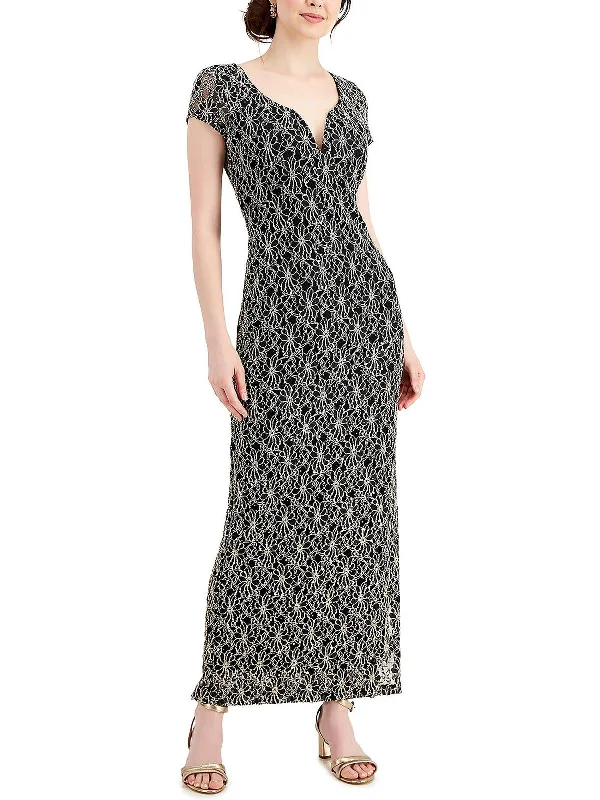 glam party dressesWomens Lace Overlay Sequined Evening Dress