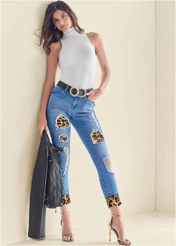 women's denim jeans for springLeopard Cuffed Jeans - Light Wash