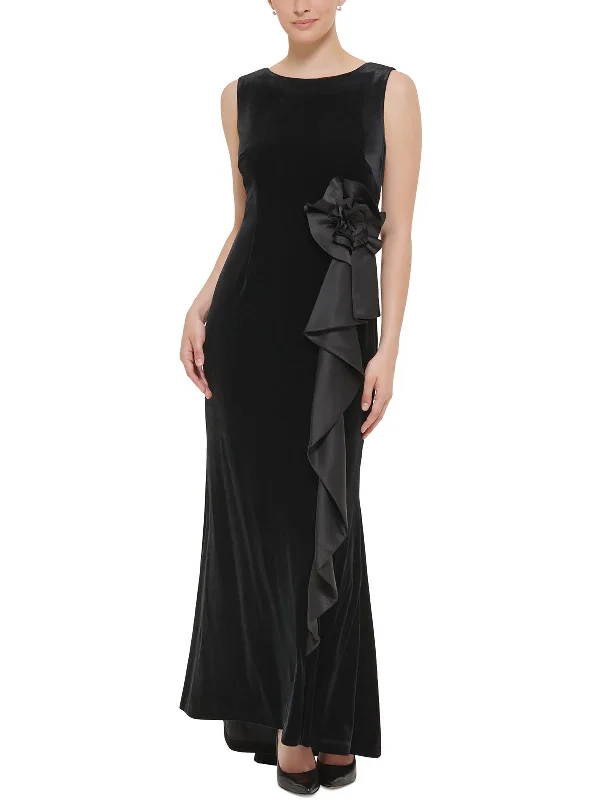 plus-size party dressesPetites Womens Velvet Ruffled Evening Dress