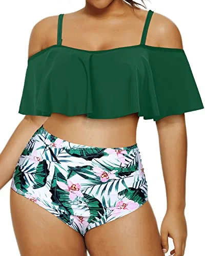 Soft Padded Bra Two Piece Swimsuits For Women Plus Size Bikini Set-Green Tropical Floral