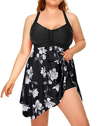 Sexy Cross-Back Plus Size Two Piece Swimdress Boyshorts For Women-Black