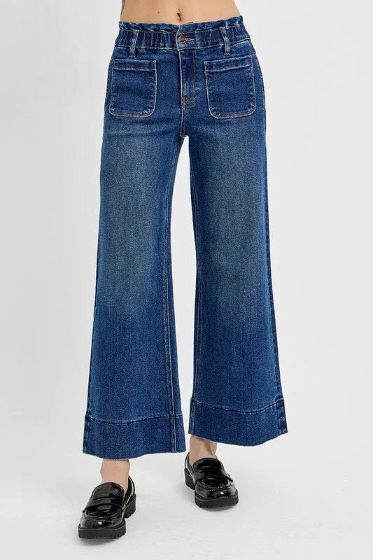 women's denim jeans with geometric patternsRISEN Elastic Band Wide Leg Jeans