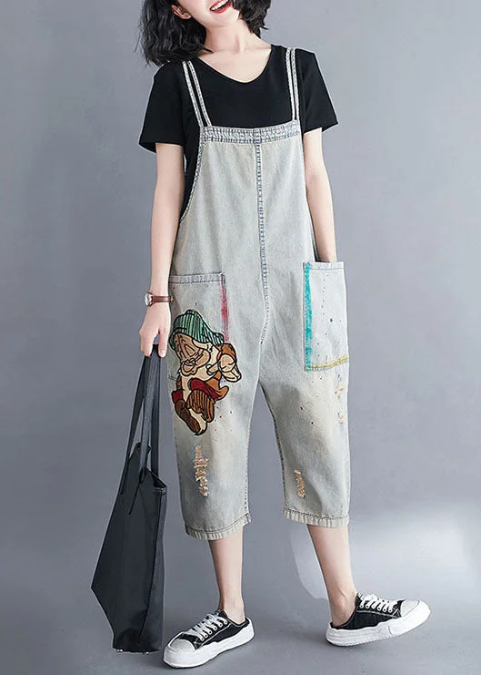 women's jumpsuits for bohemian chicNatural Light Blue Pockets Patchwork Cotton Overalls Jumpsuit Summer