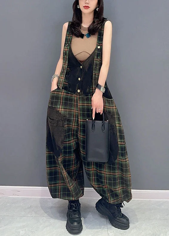 women's jumpsuits for petite womenFashion Plaid Pockets Patchwork Cotton Jumpsuits Summer