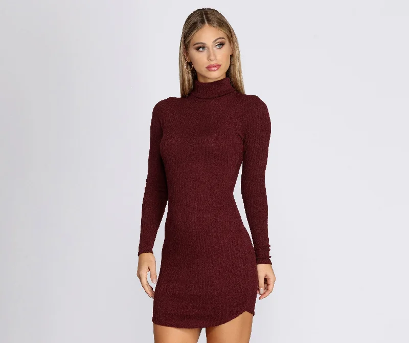 elegant high-low Mimi dresses for promsTurtleneck Long Sleeve Charming Ribbed Knit Mini Dress