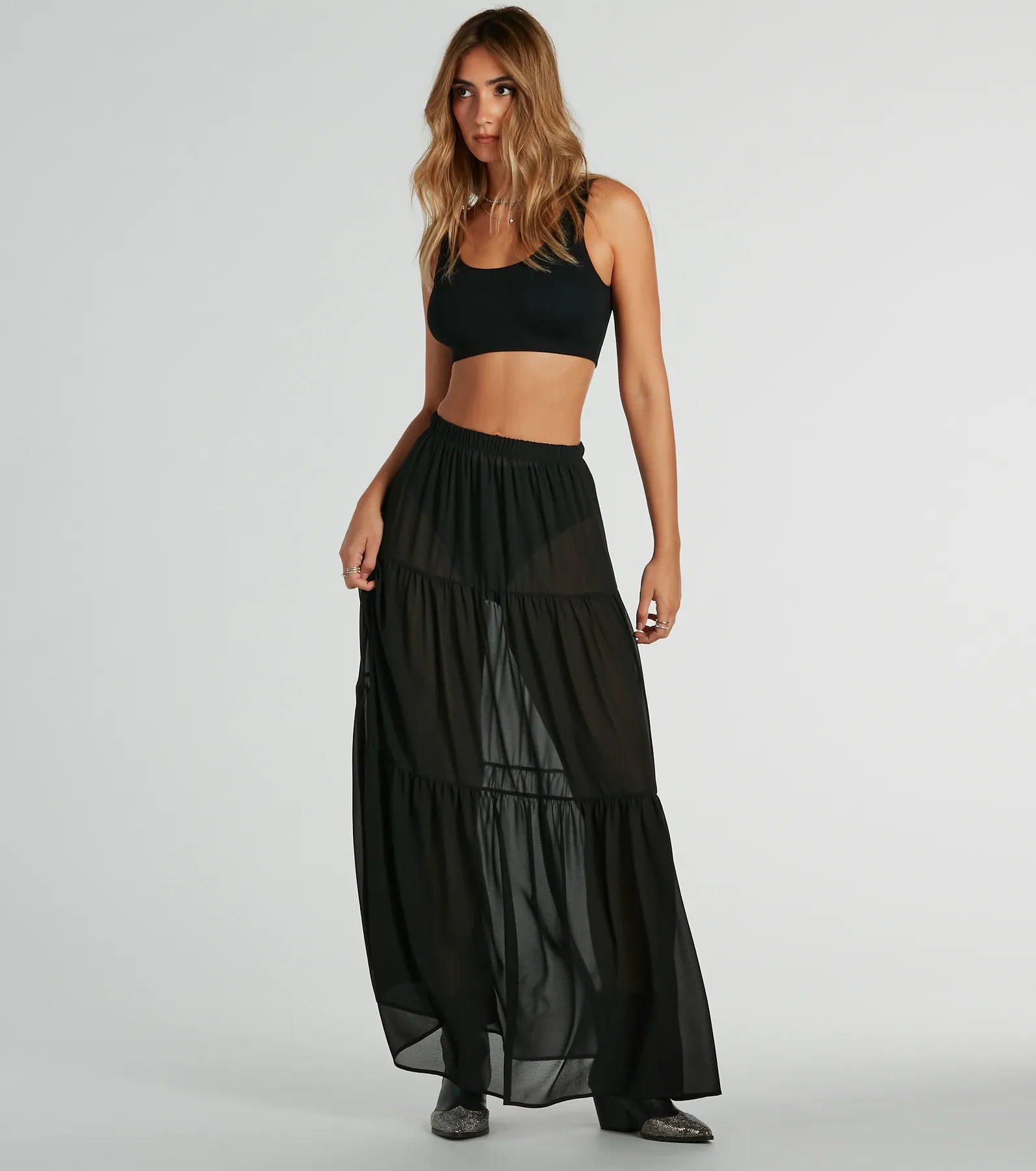 women's denim skirtsSittin' Pretty Tiered Chiffon Maxi Skirt