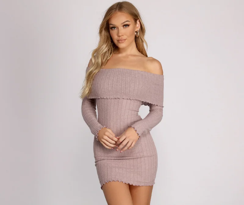 cute Mimi dresses for girlsOff The Shoulder Charming Brushed Knit Mini Dress