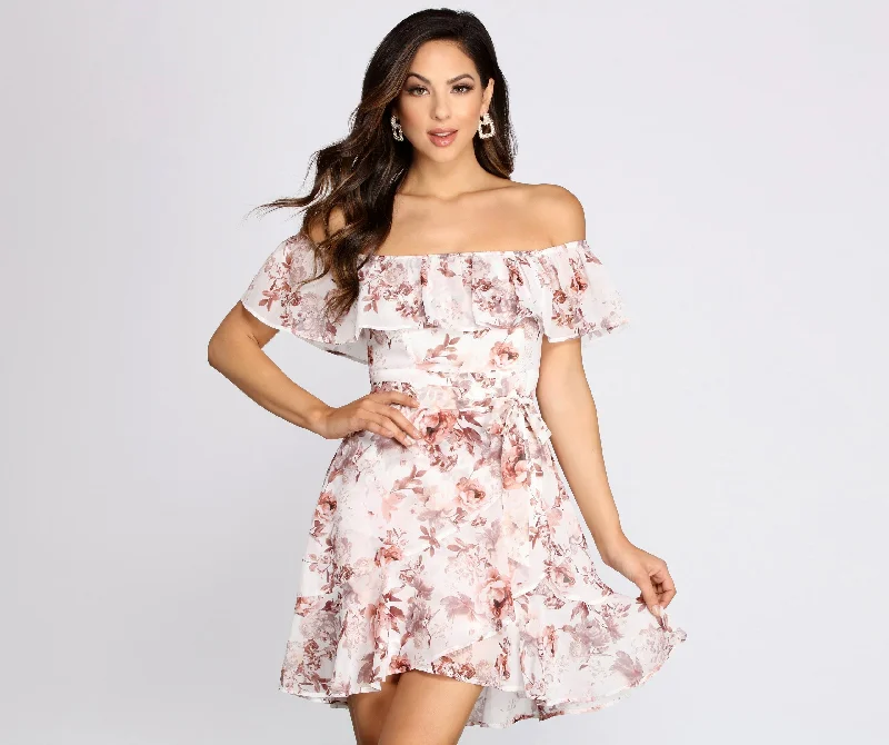 sustainable Mimi dresses made from eco-friendly materialsPlayful Petals Floral Chiffon Graceful Off Shoulder Mini Dress