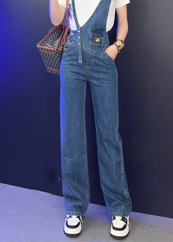 women's jumpsuits for laid-back looksModern Blue Asymmetrical Patchwork Button High Waist Denim Long Jumpsuits