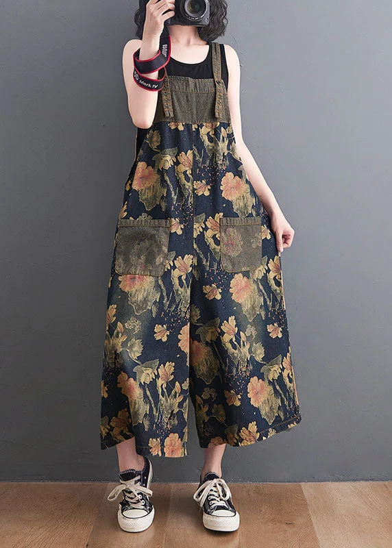 women's jumpsuits for glamorous eveningsDIY Navy Print Pockets Patchwork Denim Jumpsuits Summer