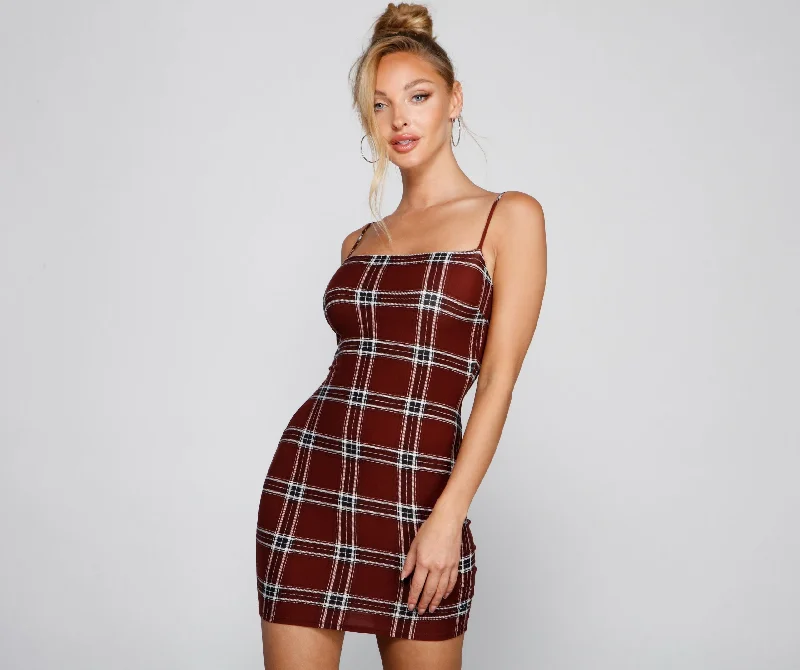 printed summer Mimi dresses with short hemsPretty In Stylish Plaid Mini Dress