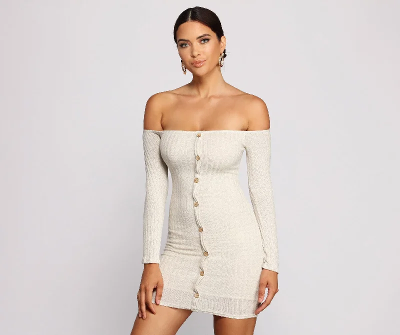 designer Mimi dresses under $100Off The Shoulder Charming Button Down Mini Dress