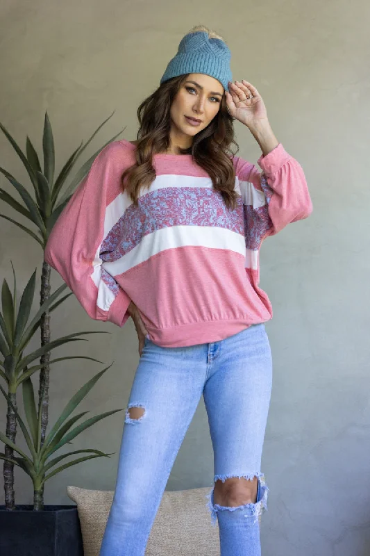 PINK FLORAL PRINT ACCENT LONG SLEEVE TOP-TJ10890