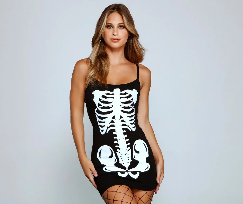 maxi Mimi dresses with pocketsGlam Ghoul Skeleton Charming Print Mini Dress