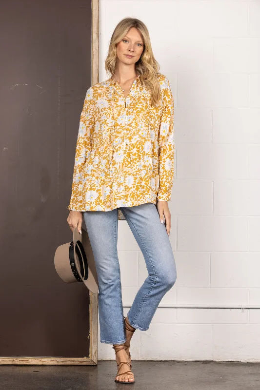 MUSTARD FLORAL PRINT BUTTON DOWN LONG SLEEVES TOP IT31529A